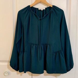 Adyson Parker Teal Blue Raw Edge Balloon Long Sleeve Boho Top Small